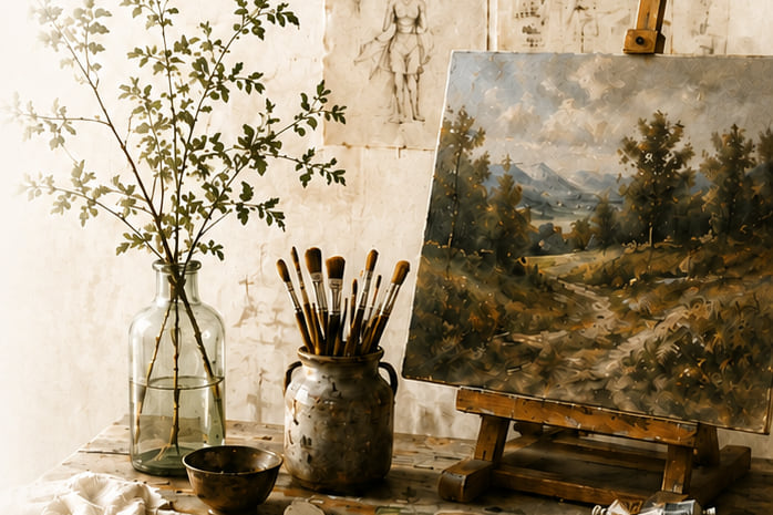 An artist’s studio with easel, palette, and brushes