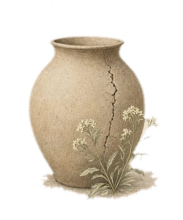 A quiet study of a cracked earthenware pot, with a few small flowers at its base.
