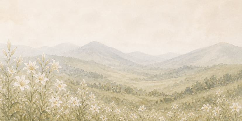 A soft field of lilies beneath distant hills