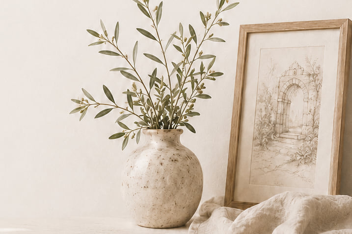 Olive branches in a stoneware vase beside a framed garden sketch
