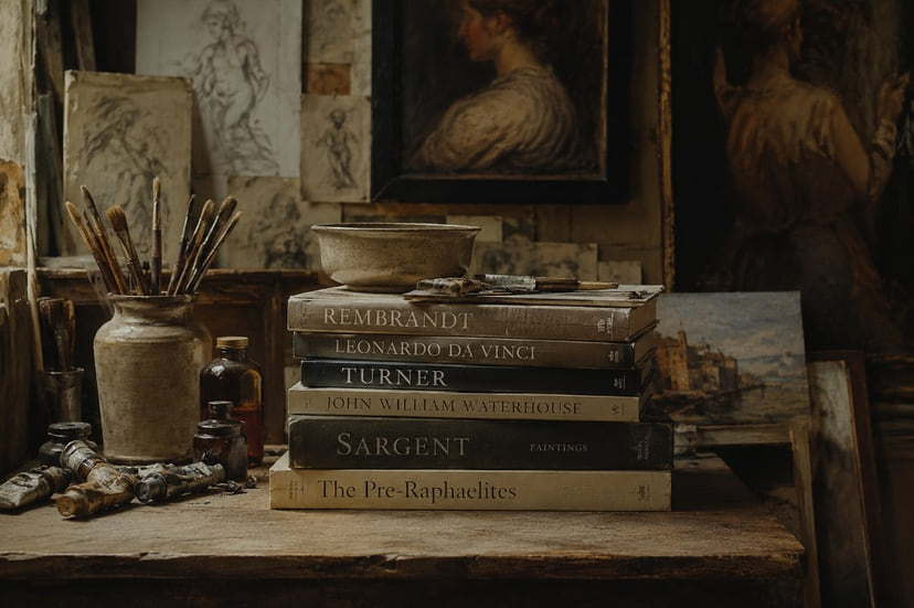 A stack of artist monographs beside brushes and paint tubes