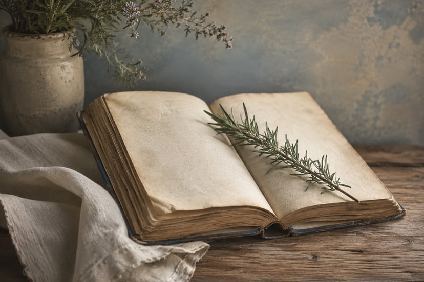 An open book with a sprig of rosemary on a wooden table