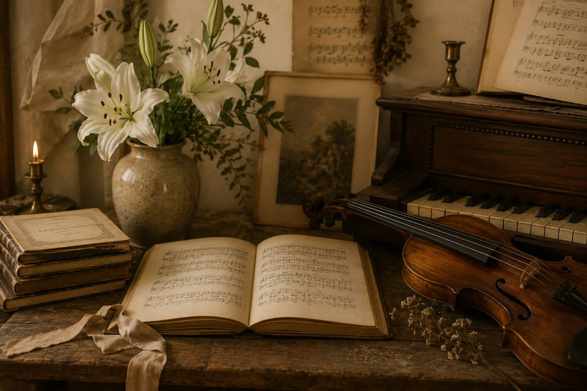A violin, open score, and lilies beside an old piano