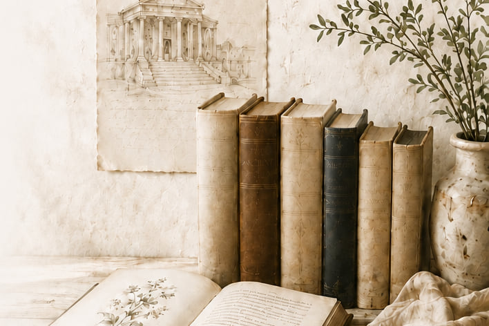 Beloved books, a botanical page, and a vase of leaves